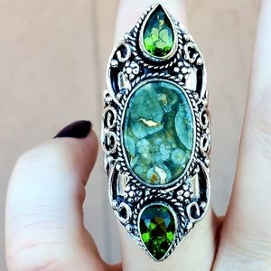 New Ocean Jasper & Peridot 925 Silver Statement Ring.